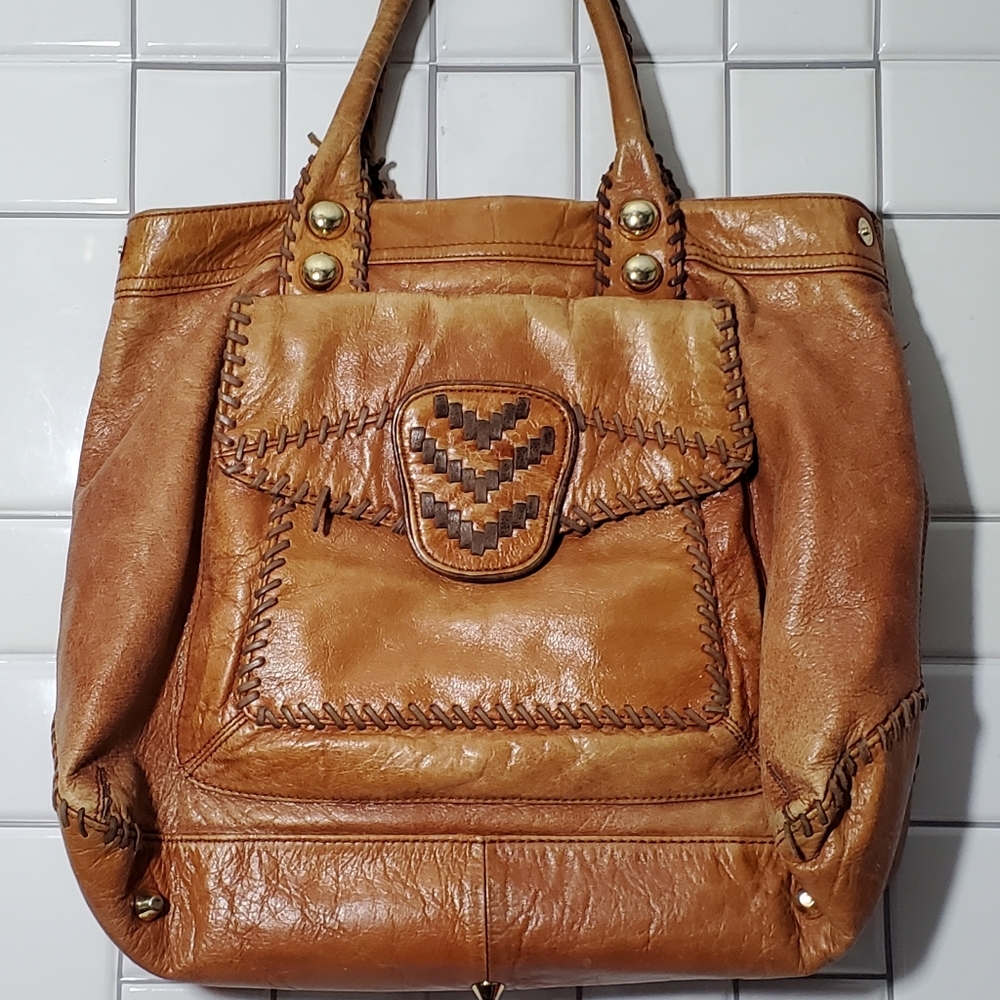 STEVEN BY STEVE MADDEN Large Brown Distressed Cotton Canvas Purse with L…